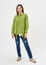 Buttoned, square pockets and green ribbons
