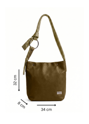 Leather bag, strap attaches to green ring
