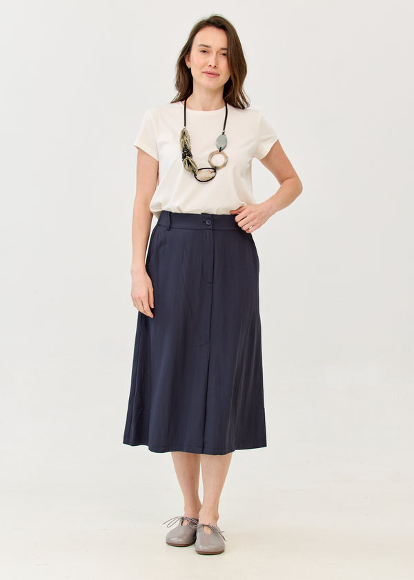 Blue button and zipper midi skirt