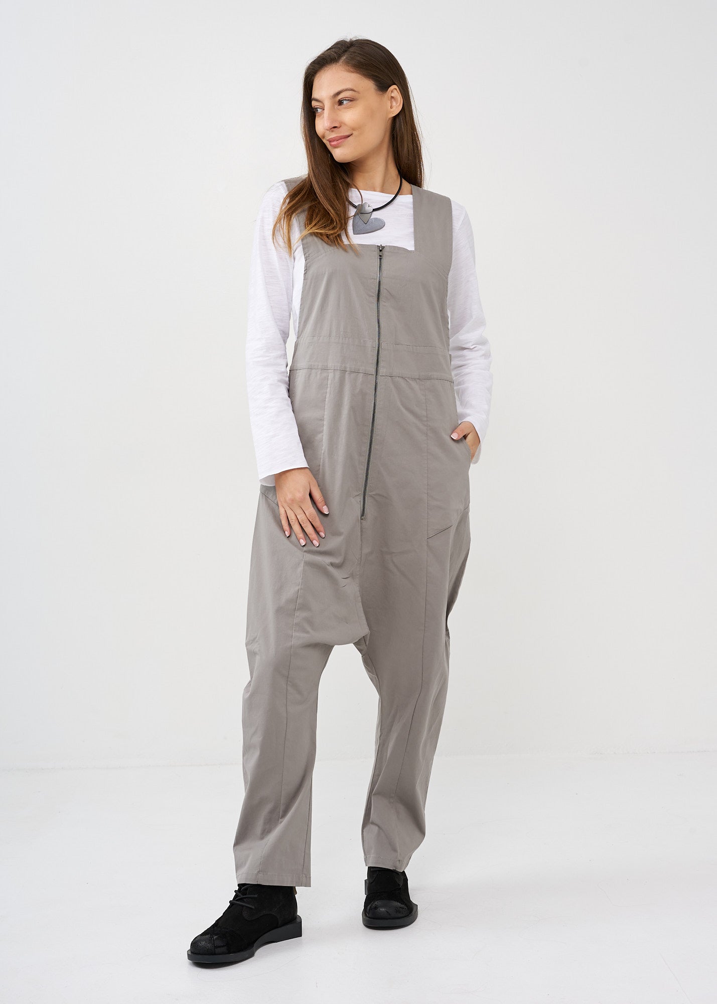 Gray front zippered overalls