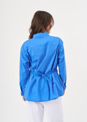 Blue button-down shirt with ribbon on the back