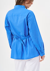 Blue button-down shirt with ribbon on the back