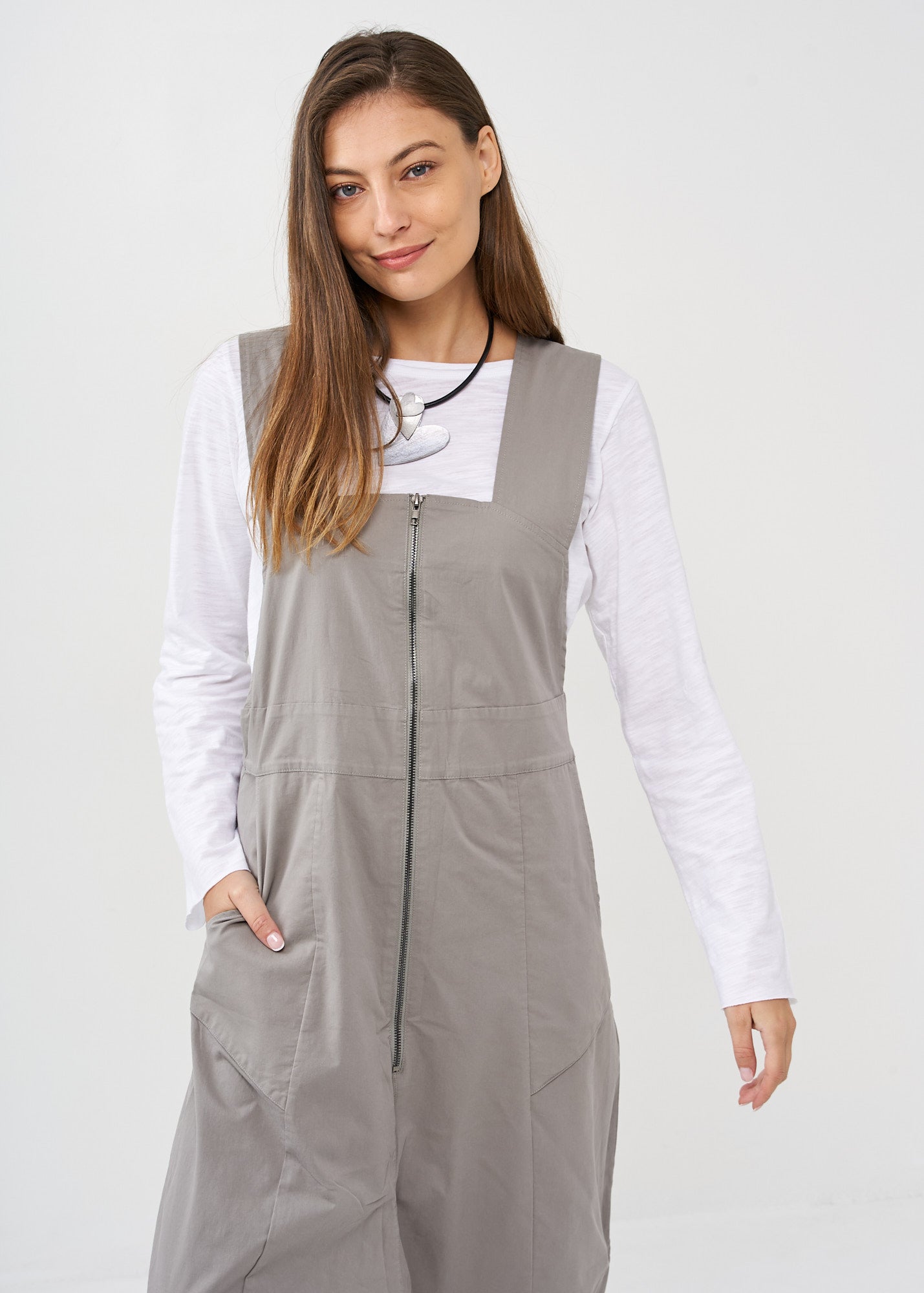 Gray front zippered overalls