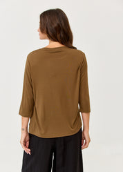 3/4 sleeve straight t-shirt with side slits, brown
