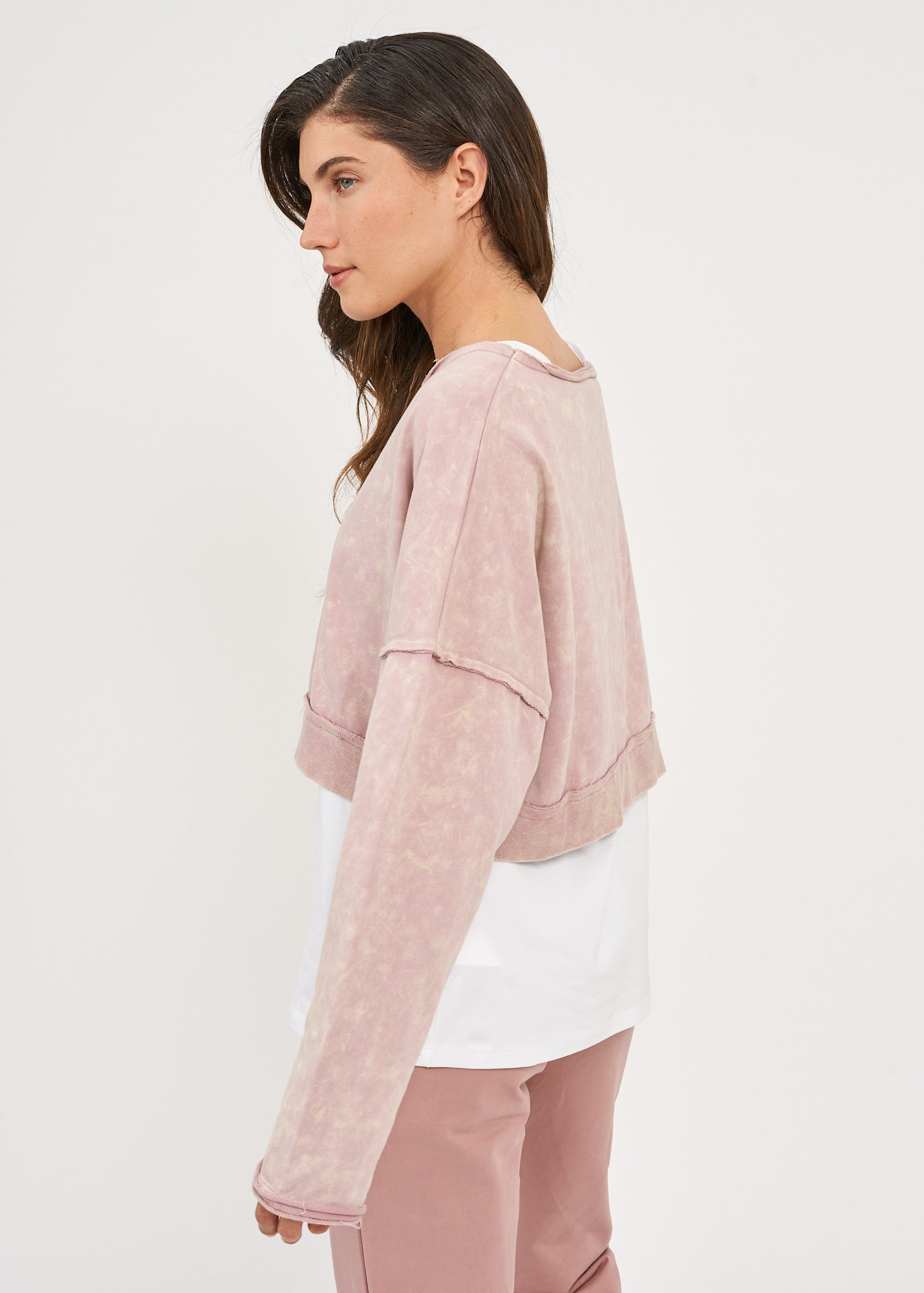 Long sleeve shirt with short sleeves and folded hem, pink wash