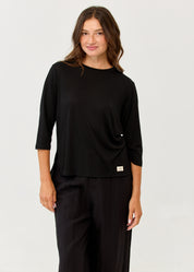 3/4 sleeve straight t-shirt with side slits, black