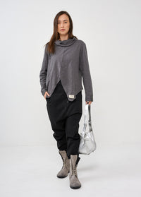 Black diagonal belted fabric pants with buttons - 03