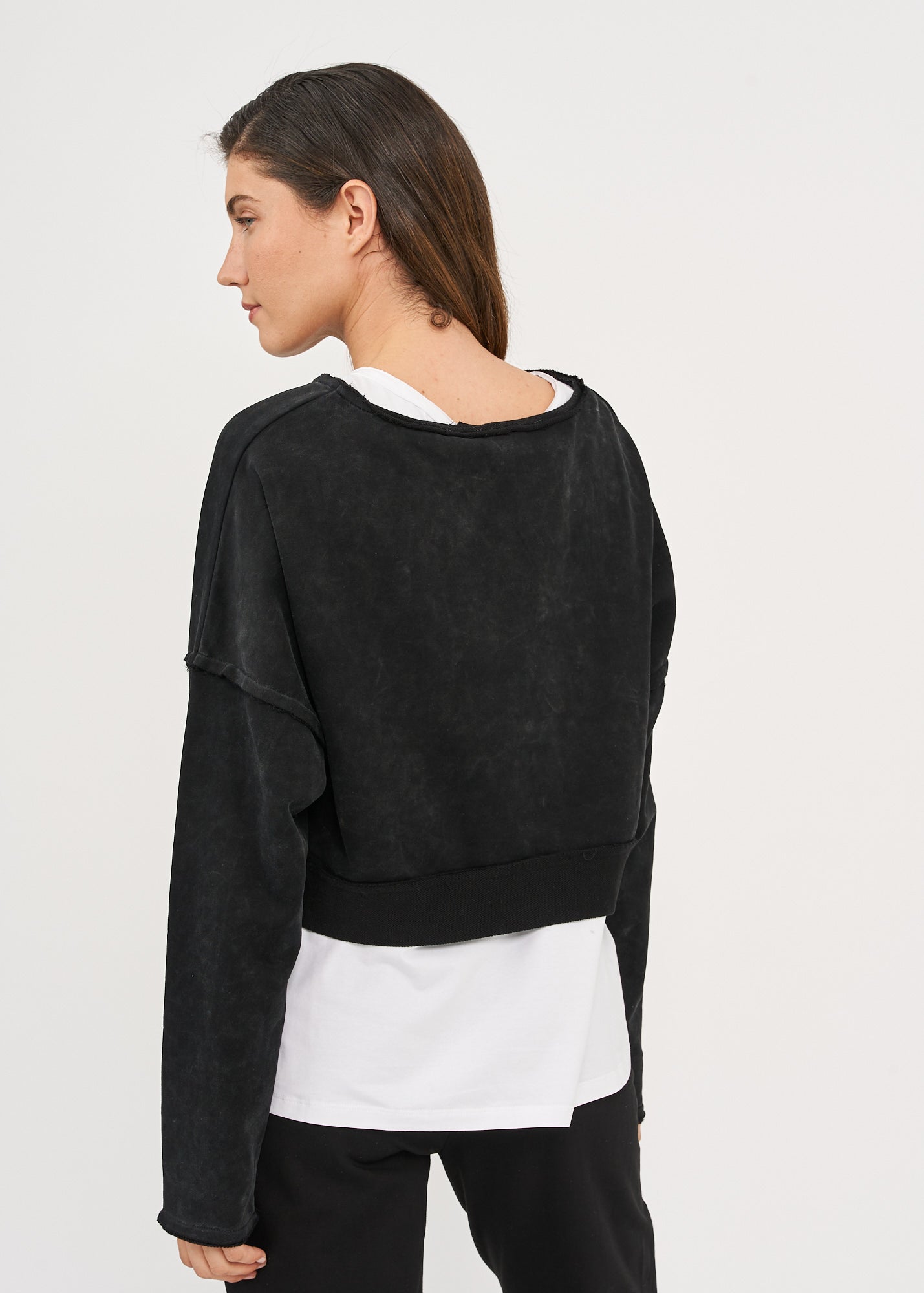 Black and Wash Long Sleeve Shirt with Short Sleeves and Folded Hem