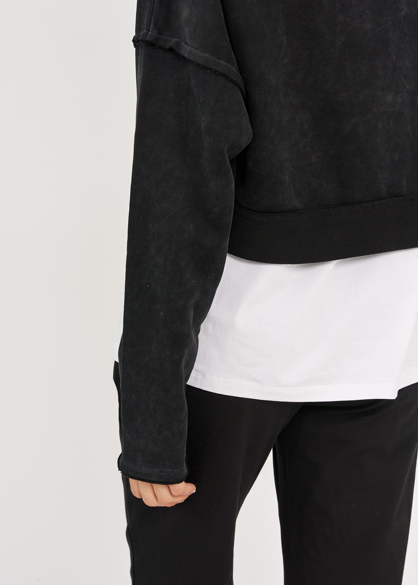 Black and Wash Long Sleeve Shirt with Short Sleeves and Folded Hem