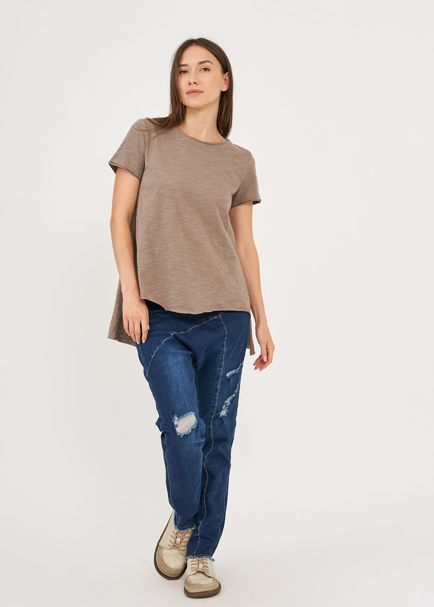 Brown long back triangle stripe T-shirt