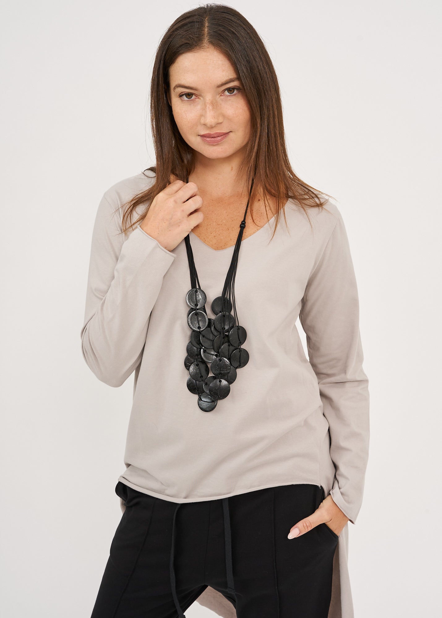 Light gray long sleeve V-neck long back shirt