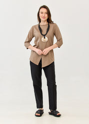 Brown diagonally stitched shirt with 3/4 sleeves