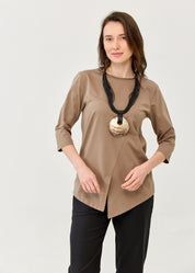 Brown diagonally stitched shirt with 3/4 sleeves
