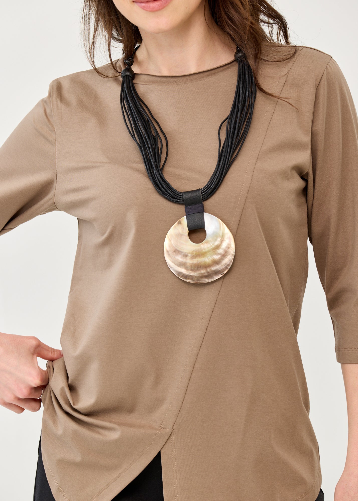 Brown diagonally stitched shirt with 3/4 sleeves