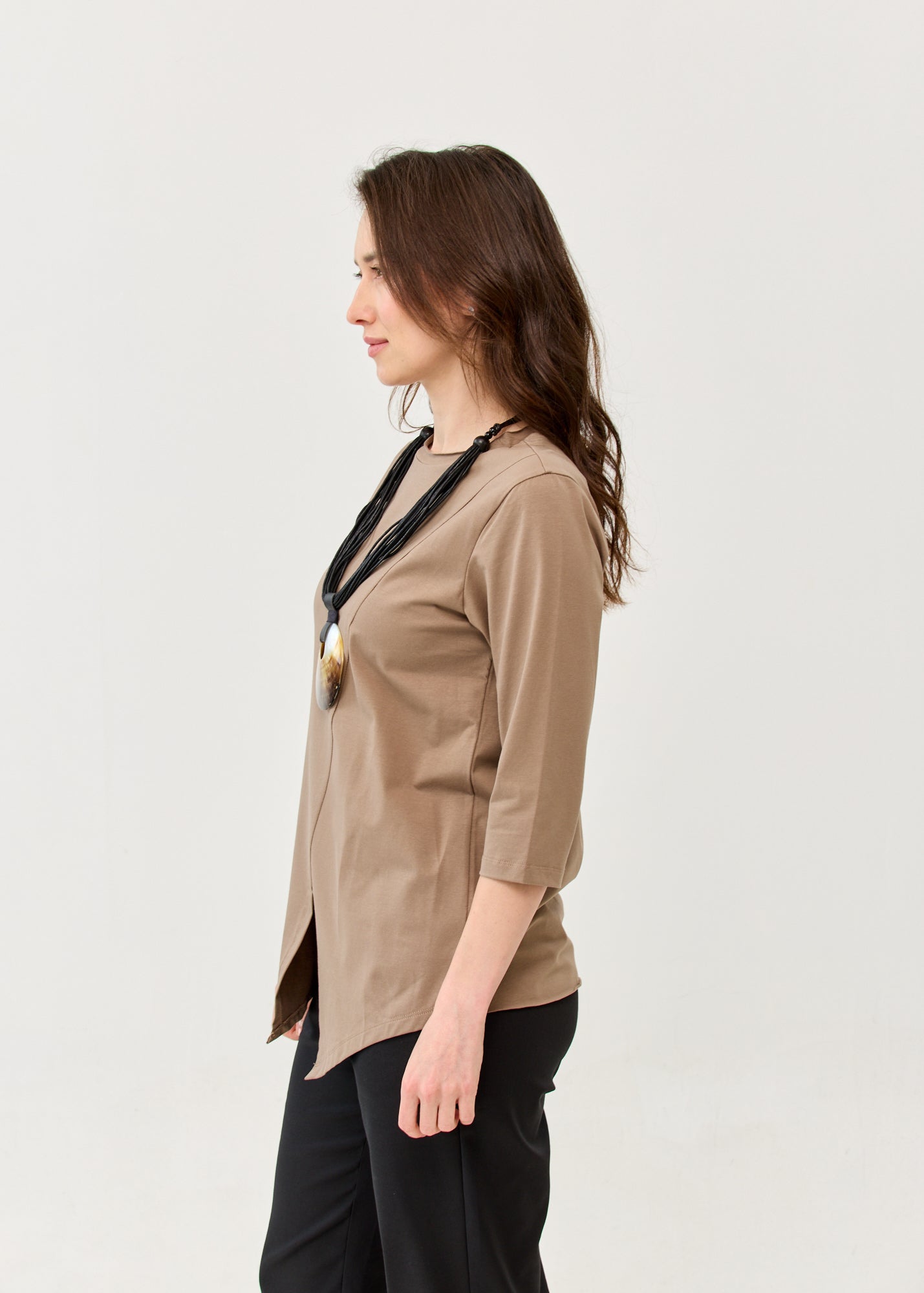 Brown diagonally stitched shirt with 3/4 sleeves