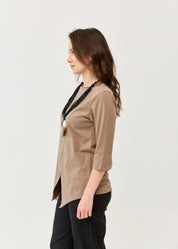 Brown diagonally stitched shirt with 3/4 sleeves