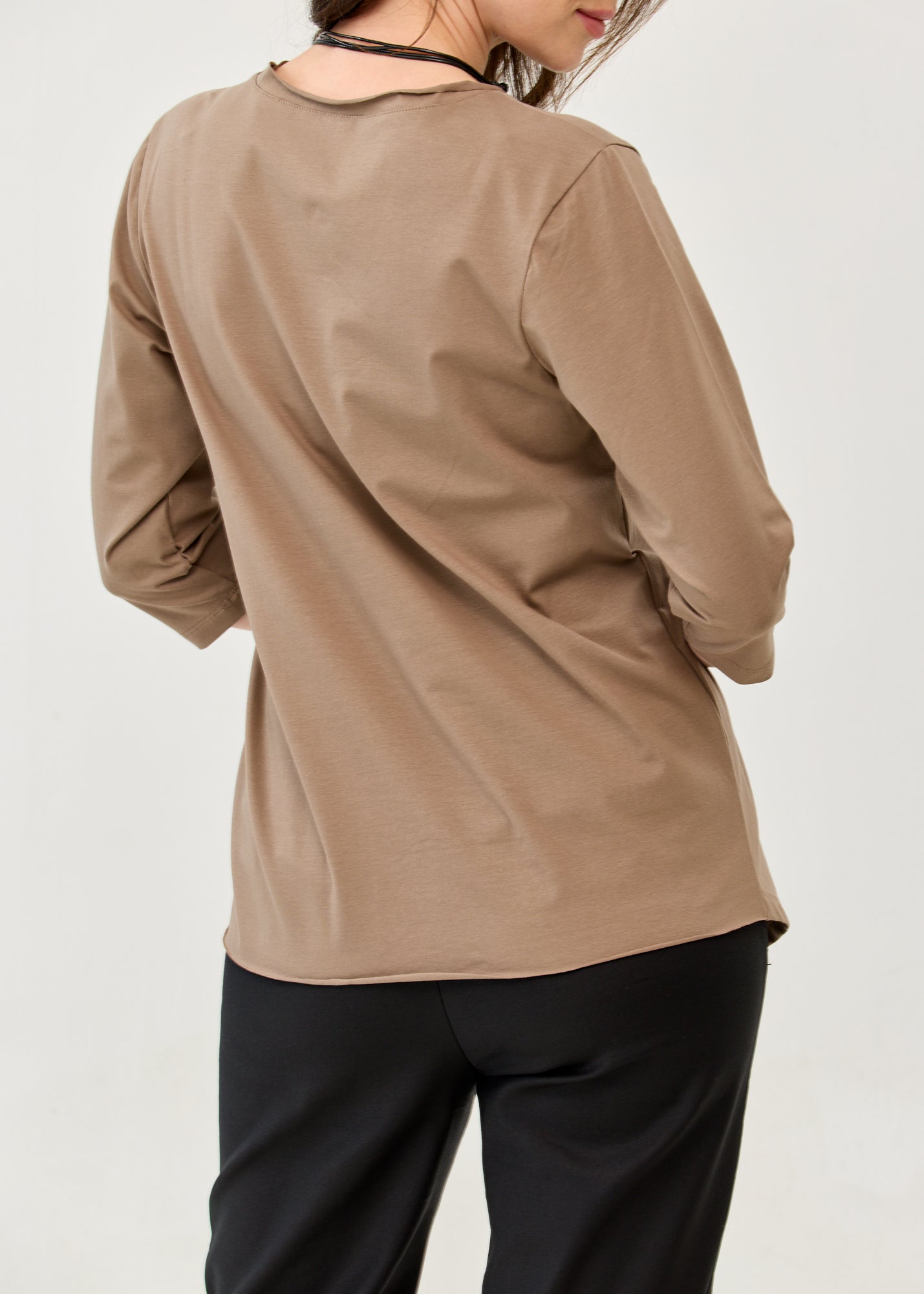 Brown diagonally stitched shirt with 3/4 sleeves