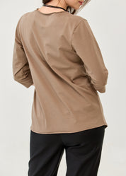 Brown diagonally stitched shirt with 3/4 sleeves