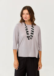 3/4 sleeve straight t-shirt, side slits, grey