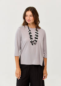 3/4 sleeve straight t-shirt, side slits, grey - 00