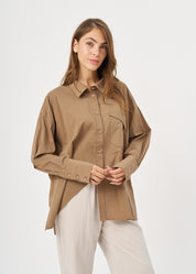 Brown button-down shirt with diagonal hem and pocket