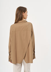 Brown button-down shirt with diagonal hem and pocket