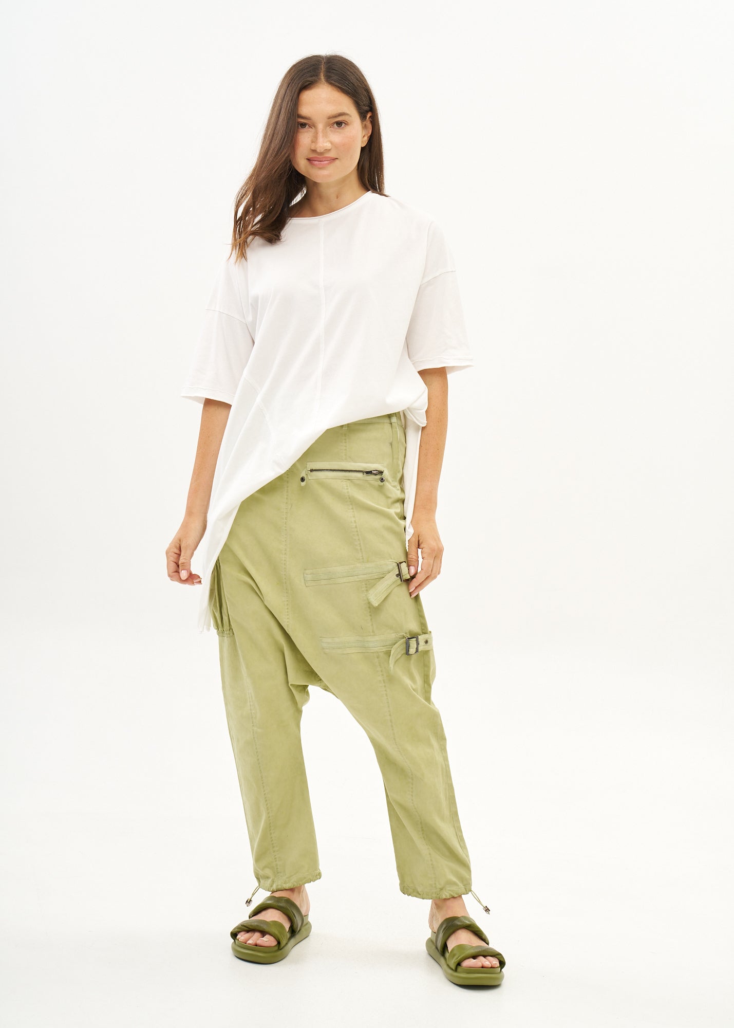 Baggy pants with zippers, light green wash, wash