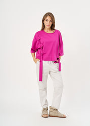 Short sleeve shirt with purple side ribbon
