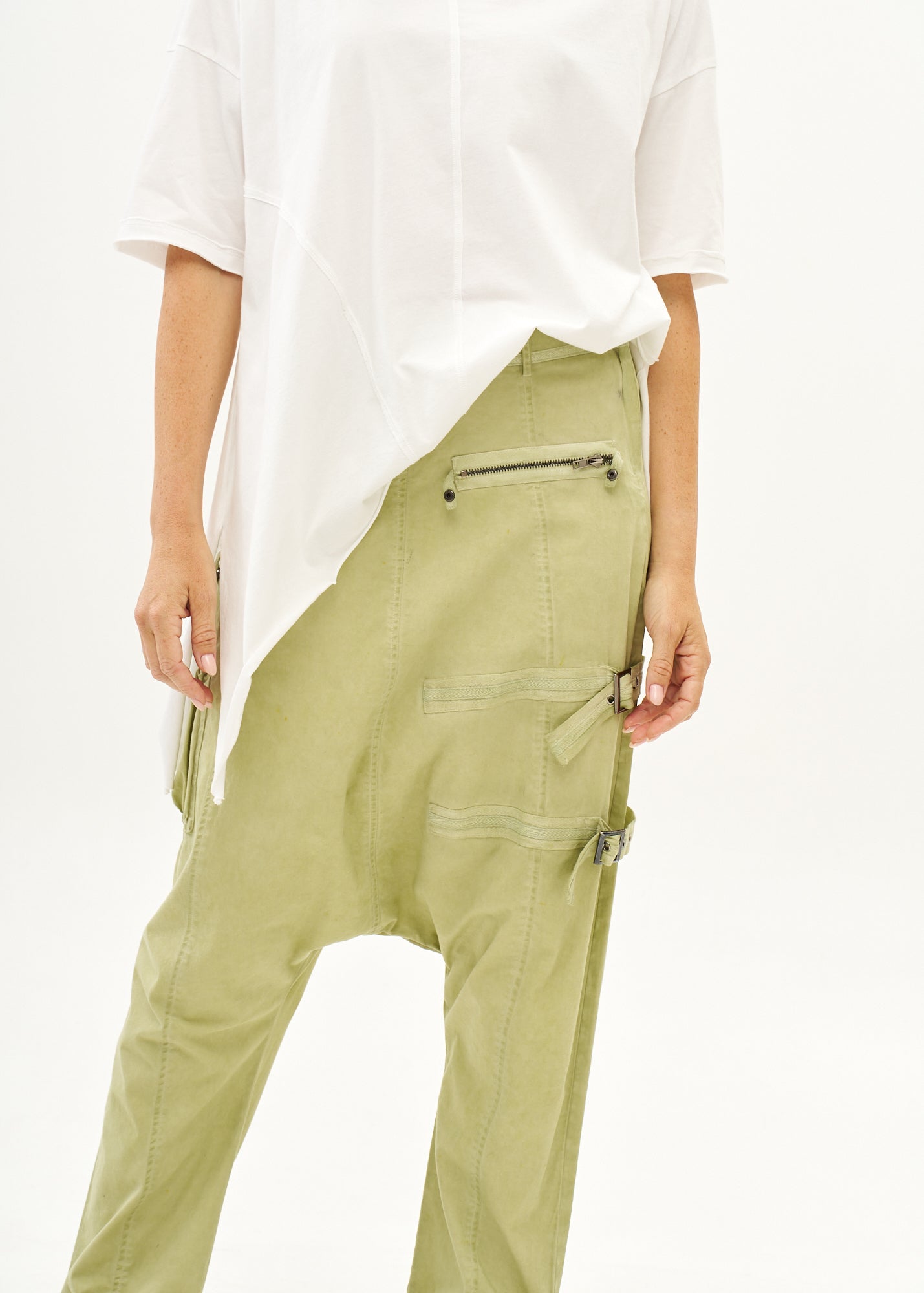 Baggy pants with zippers, light green wash, wash