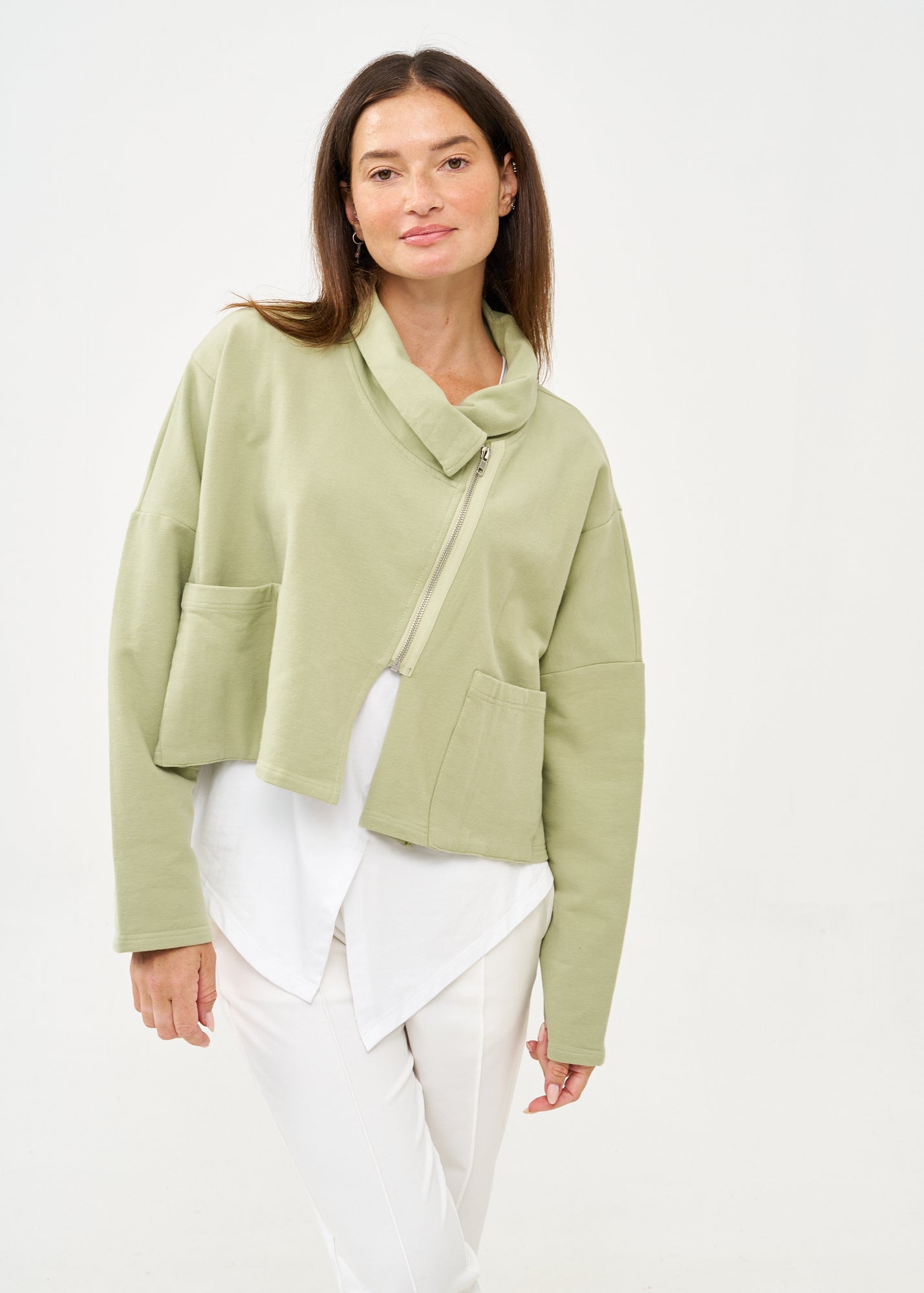 Green asymmetrical zipper sweatshirt