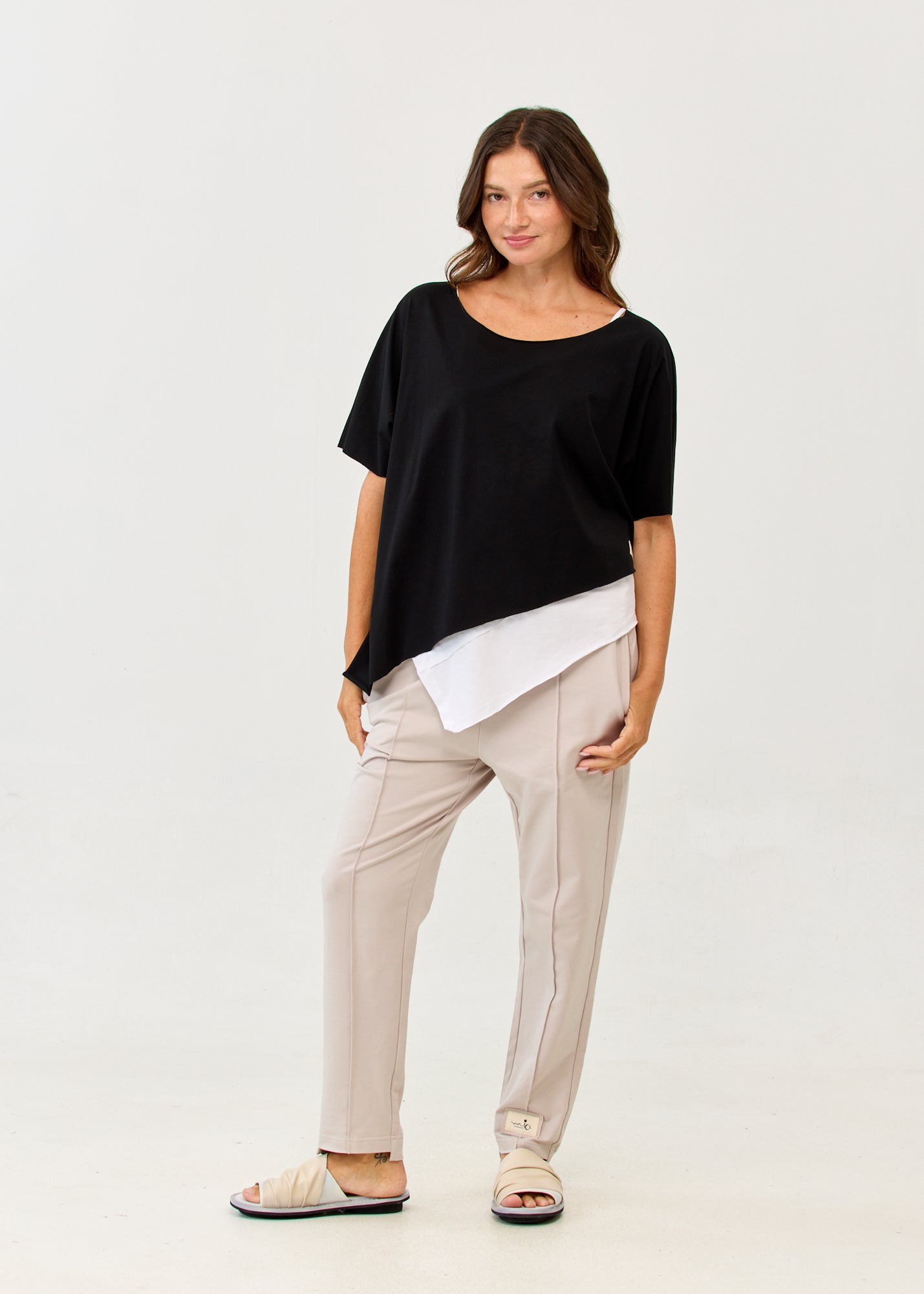 Black diagonally stitched shirt with 3/4 sleeves