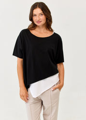 Black diagonally stitched shirt with 3/4 sleeves