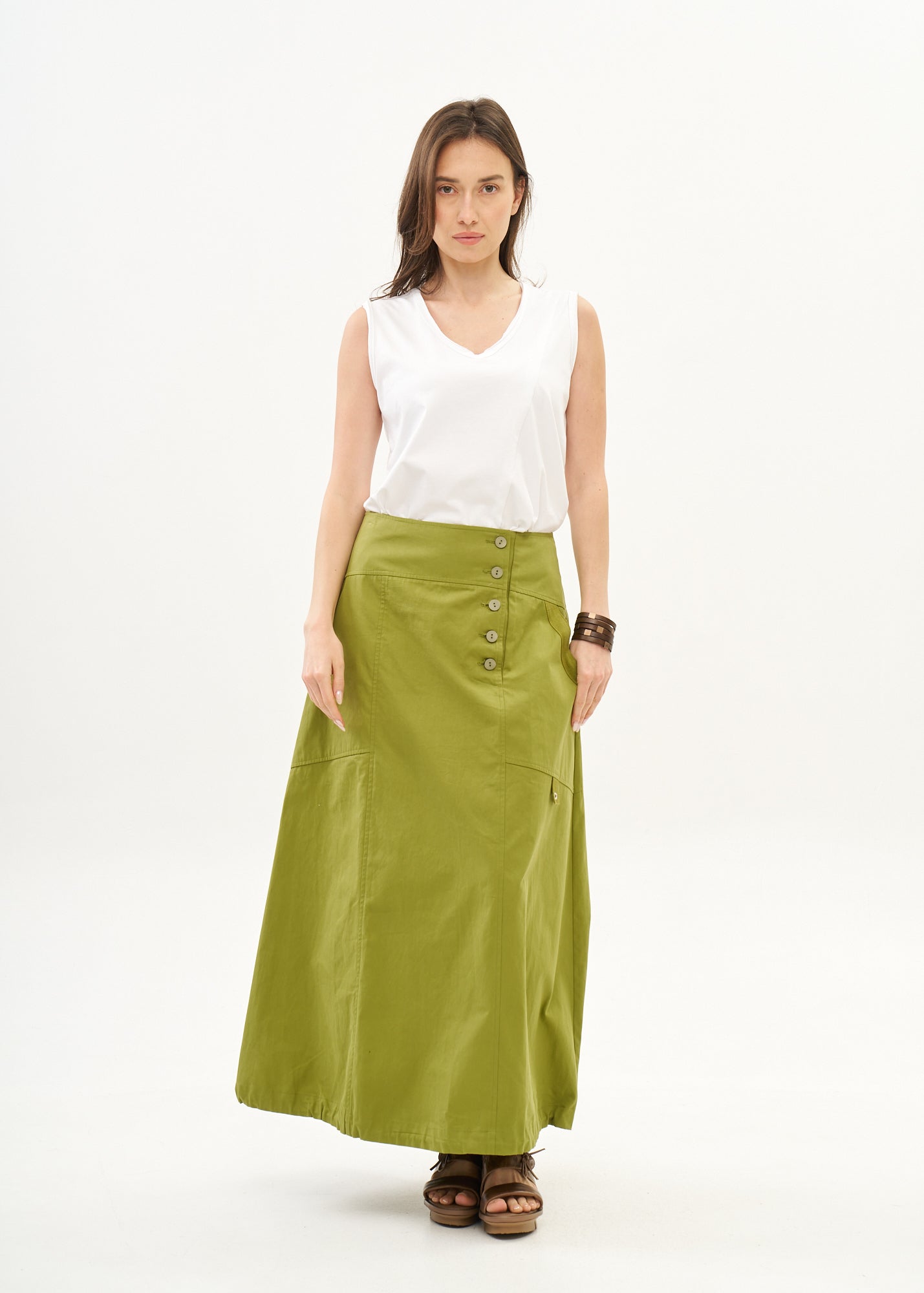 Green ribbon combination button closure skirt