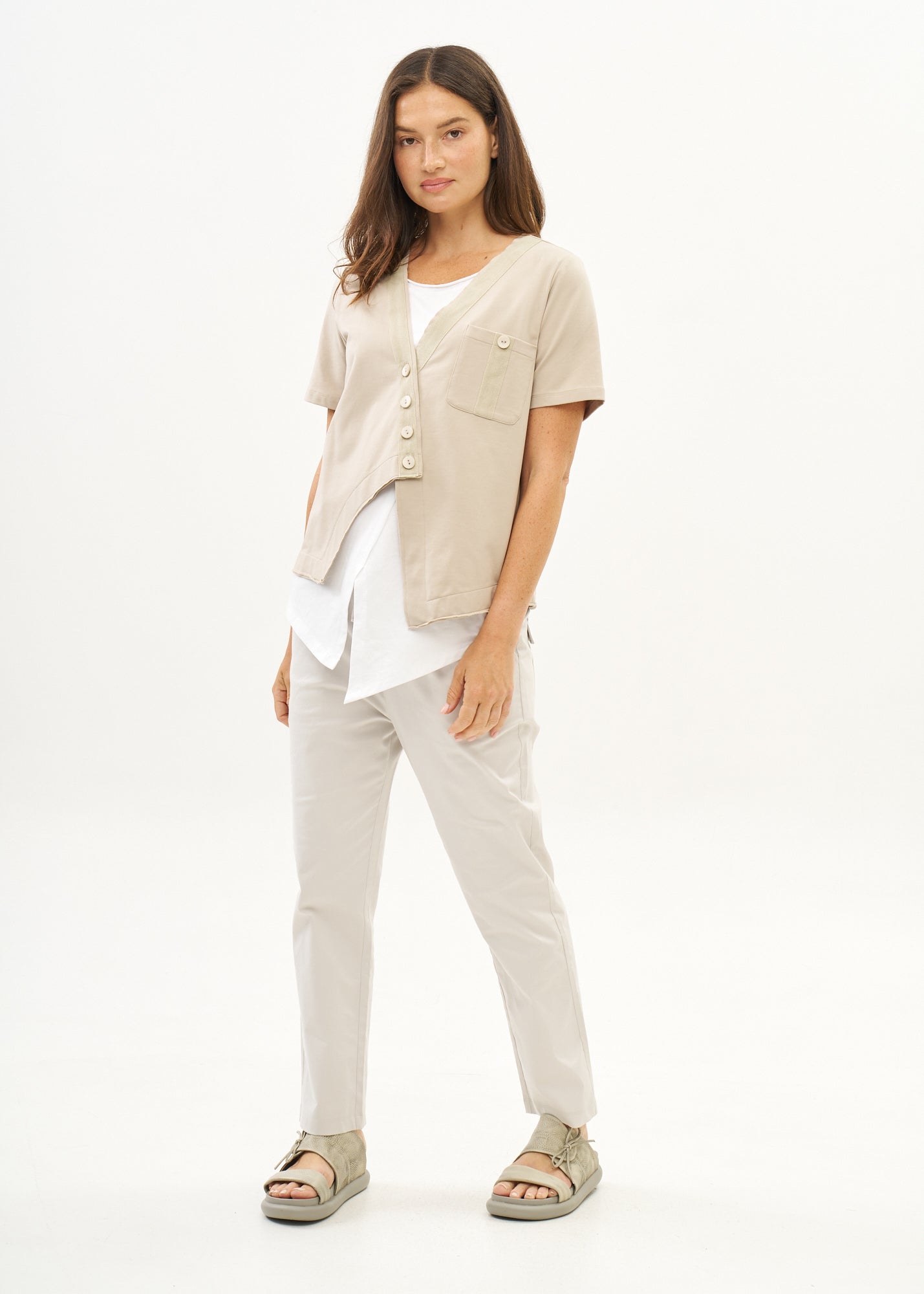 Beige ribbon combination t-shirt top