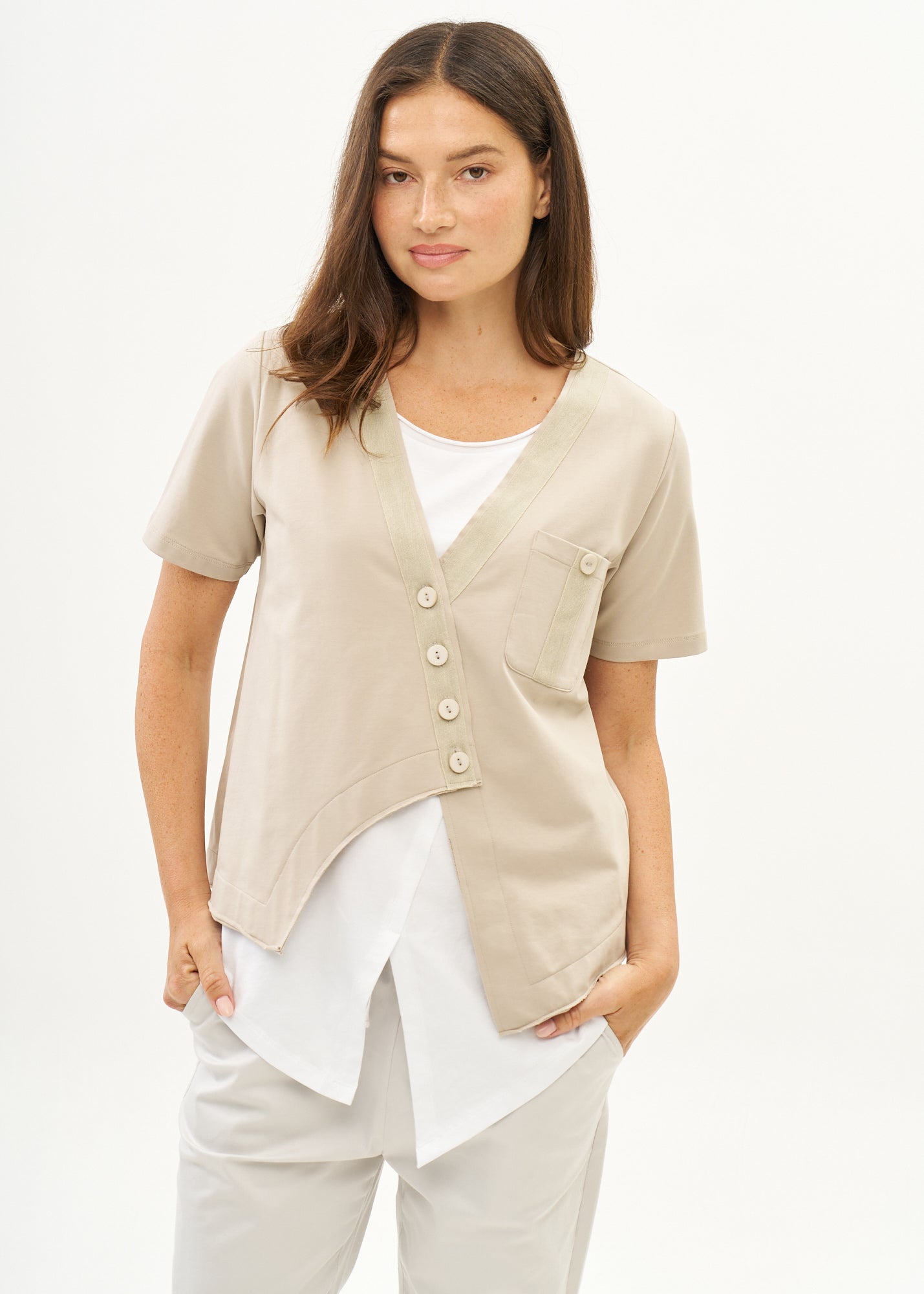 Beige ribbon combination t-shirt top