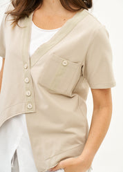 Beige ribbon combination t-shirt top