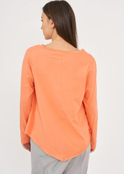 Orange long-sleeved asymmetrical pleated shirt