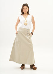 Button closure skirt with stone ribbon combination