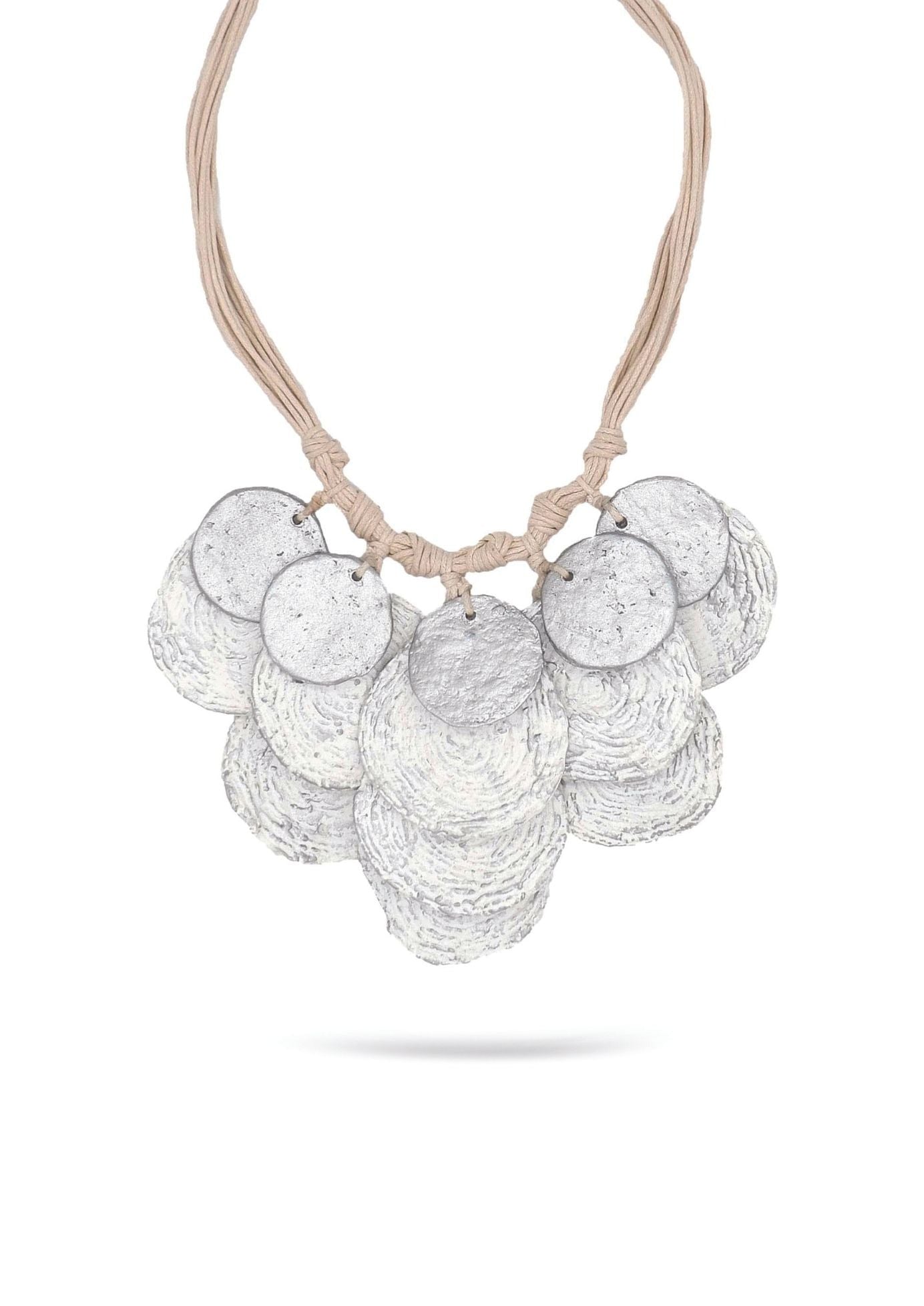 White handmade papier mache discs necklace 