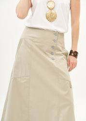 Button closure skirt with stone ribbon combination