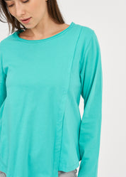 Turquoise long-sleeved asymmetrical pleated shirt