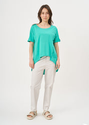 Short sleeve button-down shirt with long back, blue