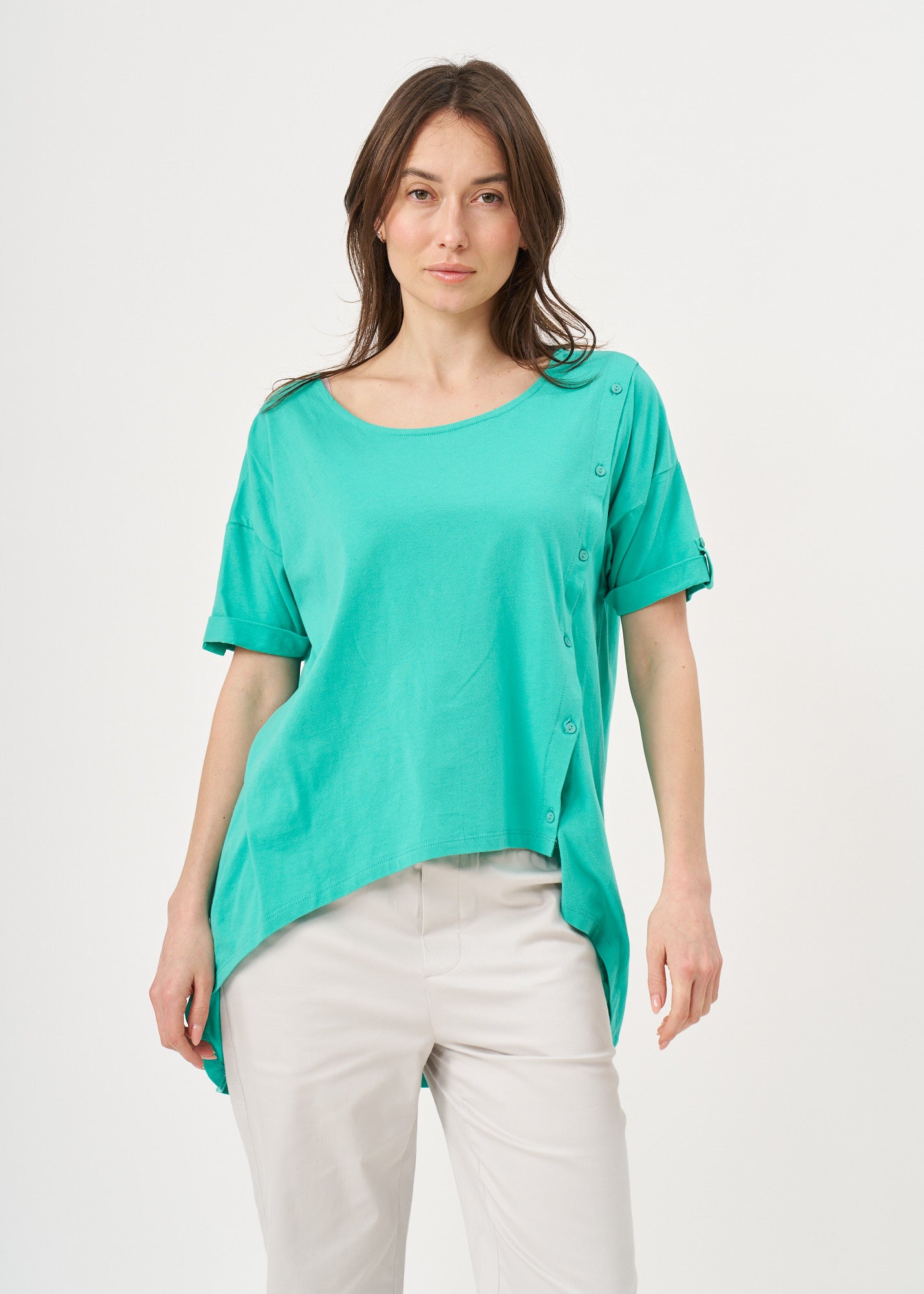 Short sleeve button-down shirt with long back, blue