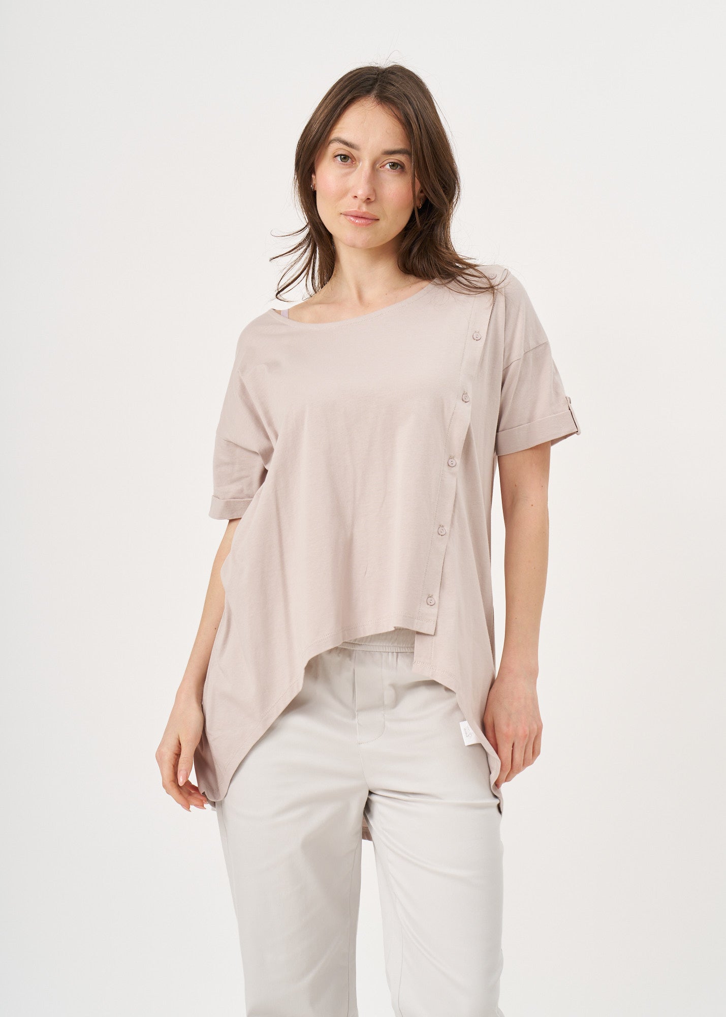 Short sleeve button-down shirt with long back Stone