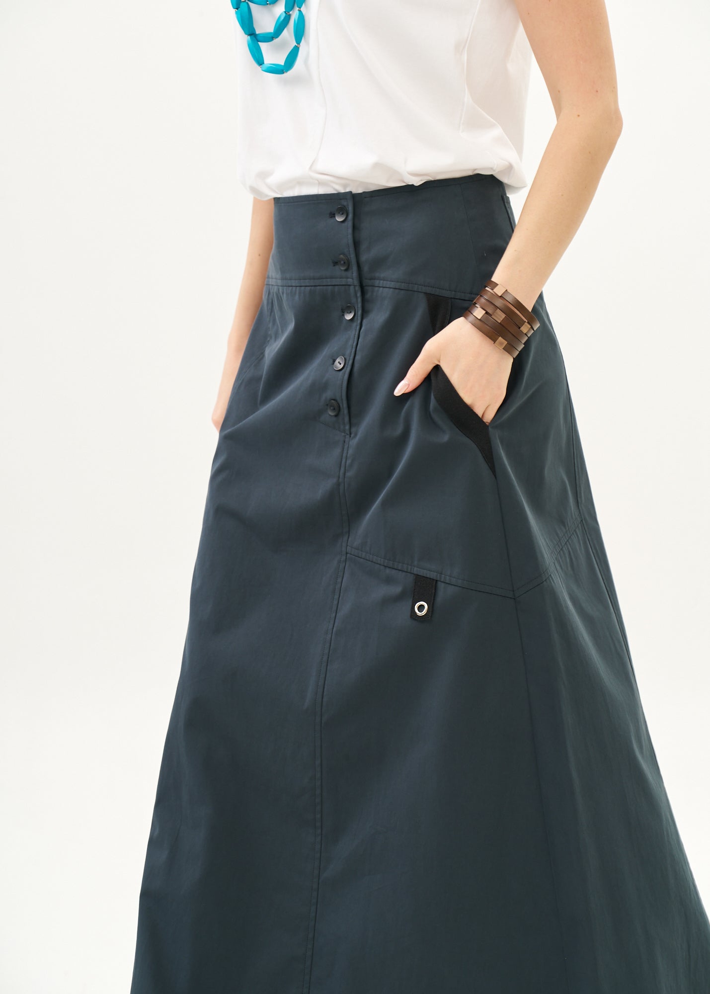 Dark blue ribbon combination button closure skirt