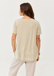 Short-sleeved shirt with cut pocket and thin brown fabric combination