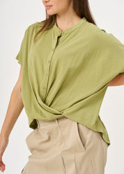 Green button-down shirt with a twisted hem