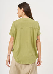 Green button-down shirt with a twisted hem