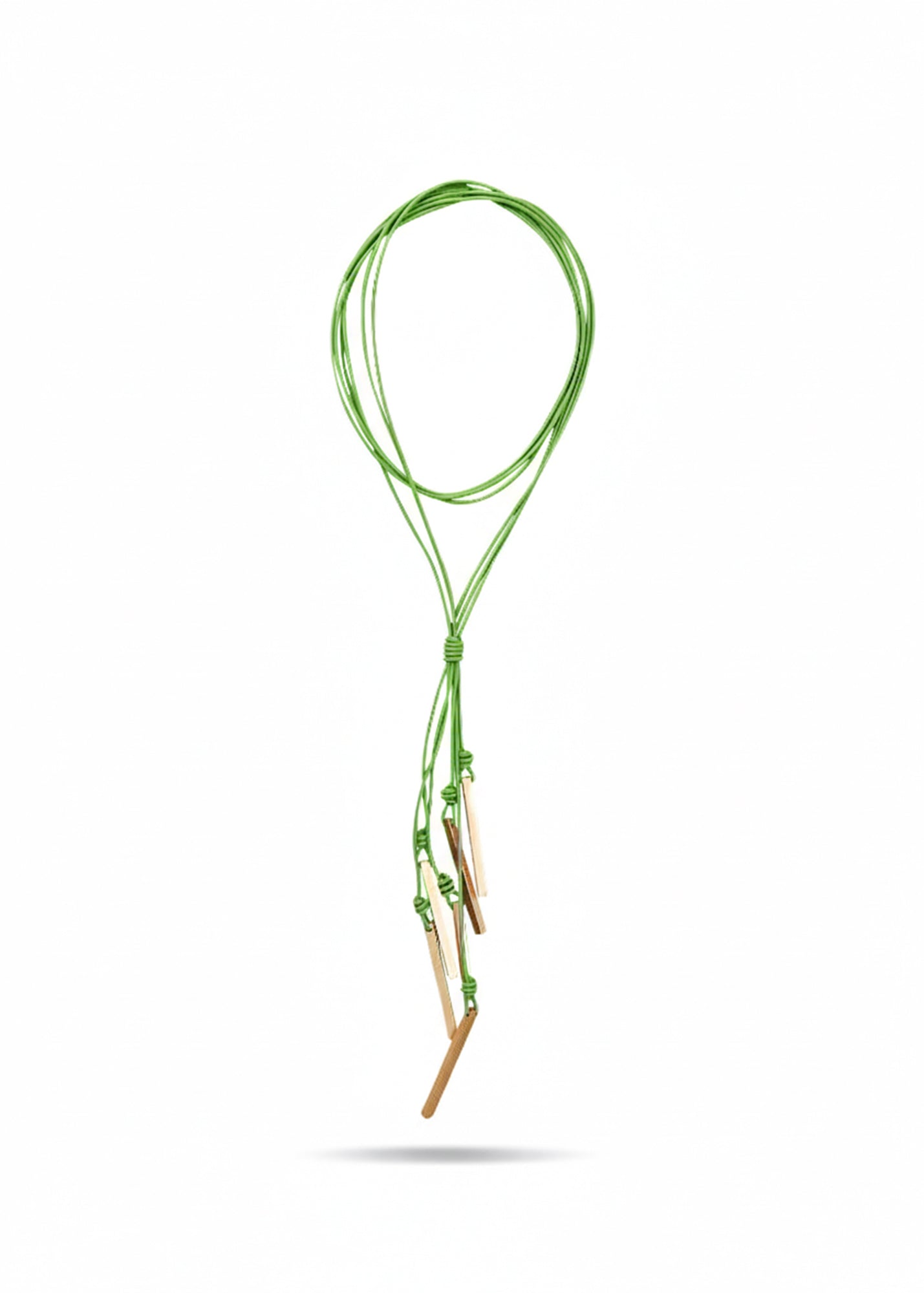 Long leather necklace with green rectangular metal fringes
