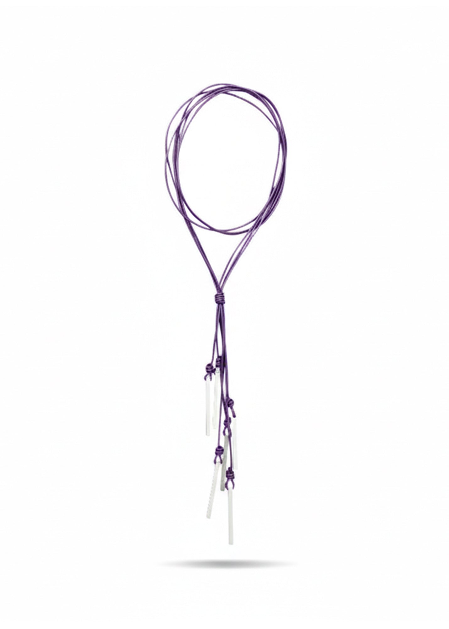 Long leather necklace with purple rectangular metal fringes